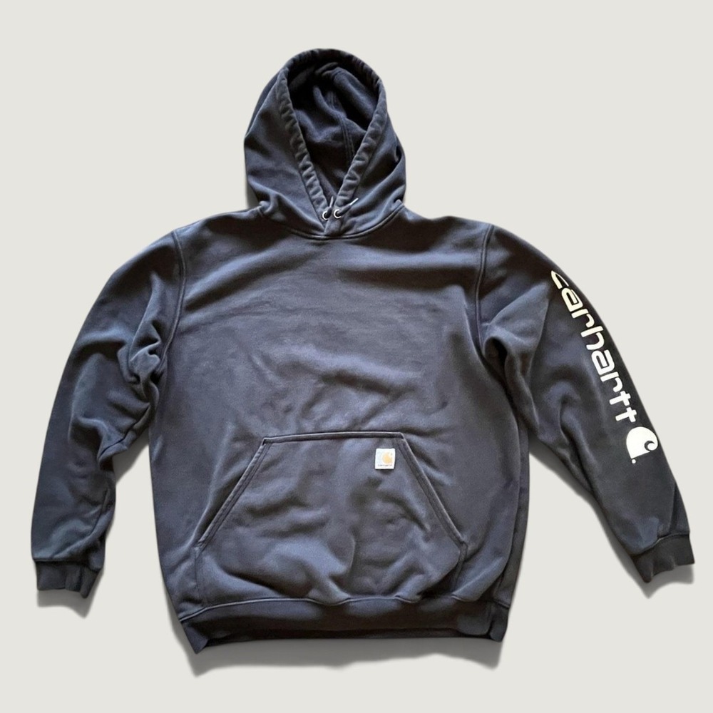 Carhartt Hoodie Mens Large Black Fleece Pullover Sweatshirt Sleeve Logo Workwear
